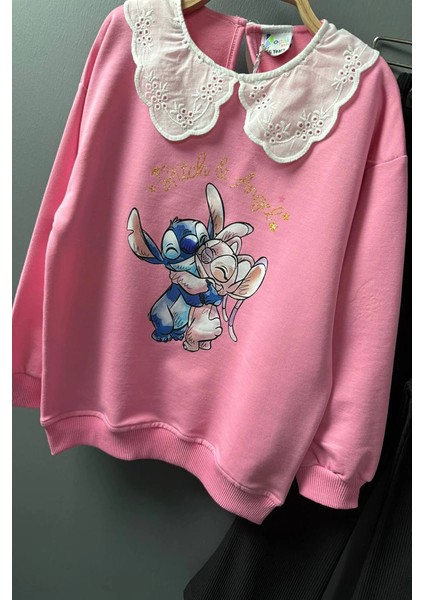 Yaka Detaylı Stitch Desenli Pembe Renk Kız Çocuk Takım indirimleri