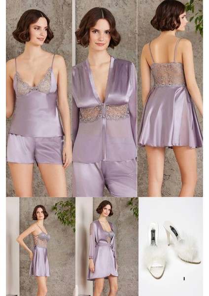 Kadın Saten Gecelik & Sabahlık & Pijama Takımı & Şortlu Takım Terlik Hediyeli Çeyiz Set