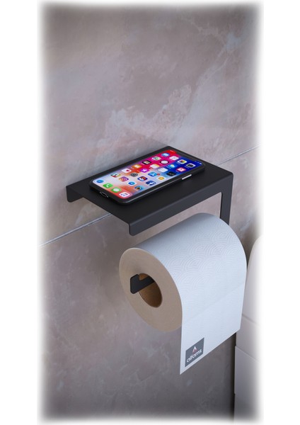Metal Modern Raflı Tuvalet Kağıtlık – Telefon ve Aksesuar Askılı Wc Peçete Tutucu Siyah