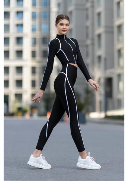 Dar Kesim Menton Çizgili Spor Neon Tayt