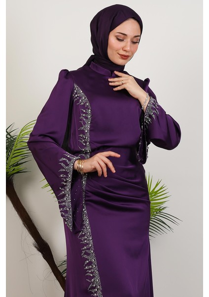 Mihrimah Saten Abiye Mor indirimleri