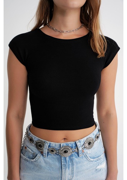 2009 Kadın Vücuda Oturan Basic Crop T-Shirt Siyah indirimleri