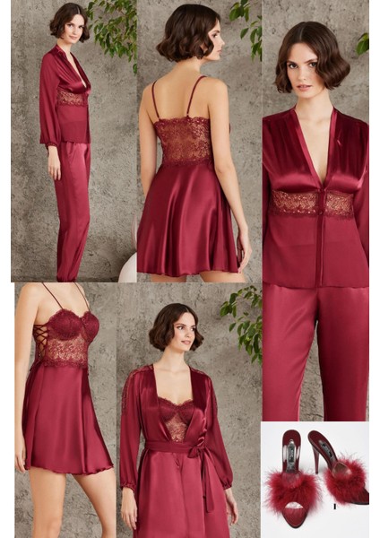 Kadın Saten Gecelik & Sabahlık & Pijama Takımı & Şortlu Takım Terlik Hediyeli Çeyiz Set