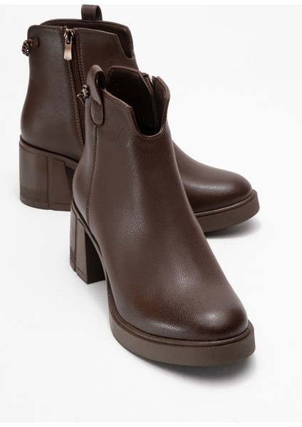 Mier Kahverengi Cilt Zincir Detaylı Kadın Kalın Topuklu Bot