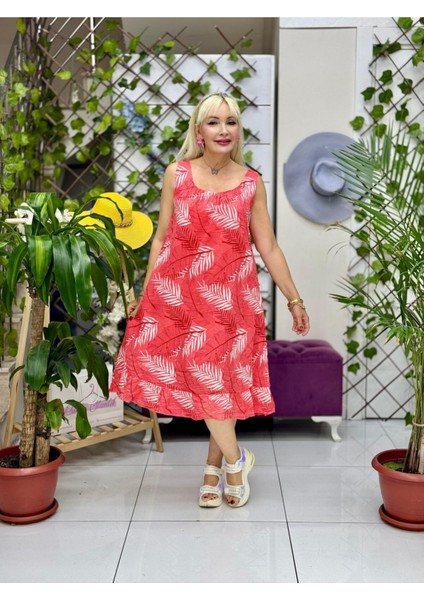 YG205070 Italyan Yaprak Desen Coton Elbise Mercan