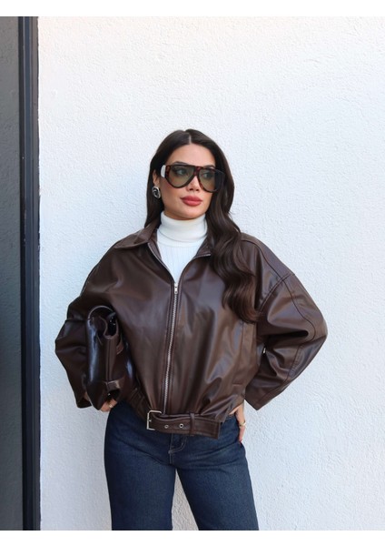 Kemerli Bomber Deri Ceket