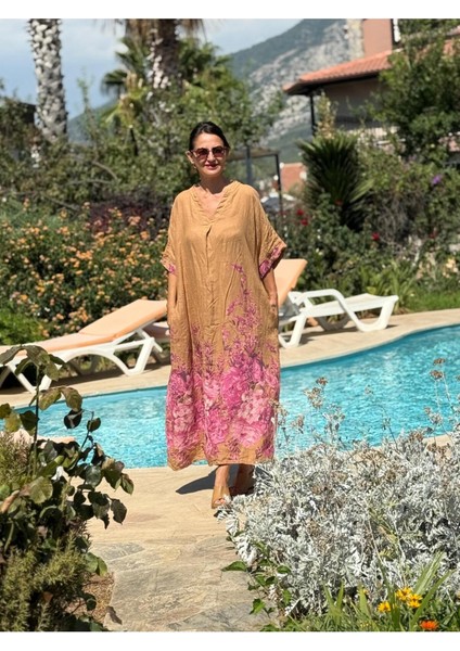 YG205050 Italyan V Yaka Çiçekli Keten Elbise Camel