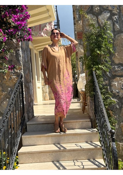 YG205050 Italyan V Yaka Çiçekli Keten Elbise Camel indirimleri