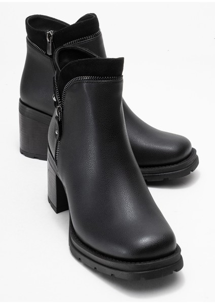 Parly Siyah Cilt Fermuar Detaylı Kadın Kalın Topuklu Bot