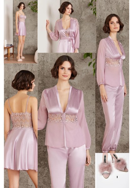 Kadın Saten Gecelik & Sabahlık & Pijama Takımı & Şortlu Takım Terlik Hediyeli Çeyiz Set