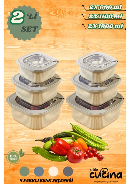 6'lı Mikrodalga ve Difriz Kullanımına Uygun Vakumlu Sızdırmaz Saklama Kabı Seti 2X(600-1100-1800 Ml)