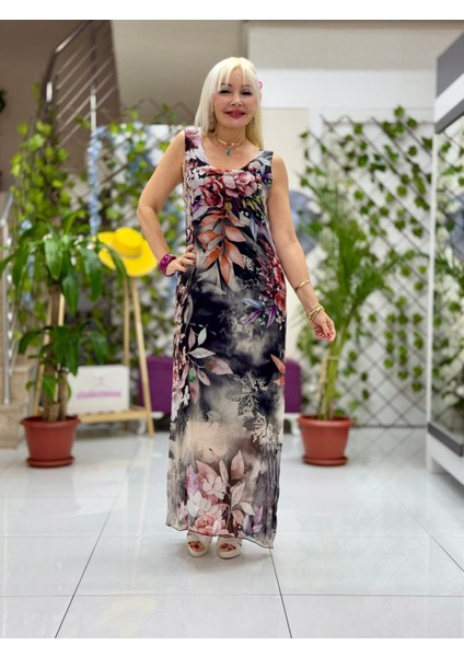 YG20641 Italyan Çiçekli Askılı Ipek Elbise Siyah fırsatları