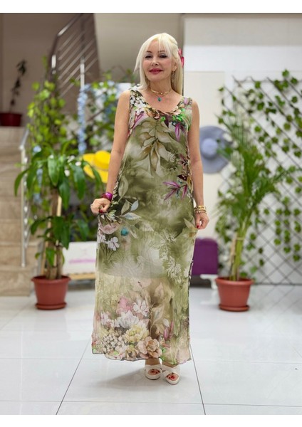 YG20641 Italyan Çiçekli Askılı Ipek Elbise Haki