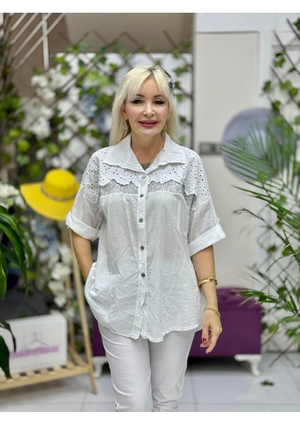 NC25537 Italyan Fisto Göğüs Pul Payet Coton Gömlek Beyaz