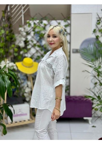 NC25537 Italyan Fisto Göğüs Pul Payet Coton Gömlek Beyaz fiyatları