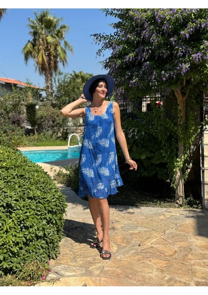 YG205070 Italyan Yaprak Desen Coton Elbise Saks fırsatları