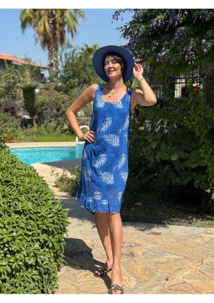 YG205070 Italyan Yaprak Desen Coton Elbise Saks