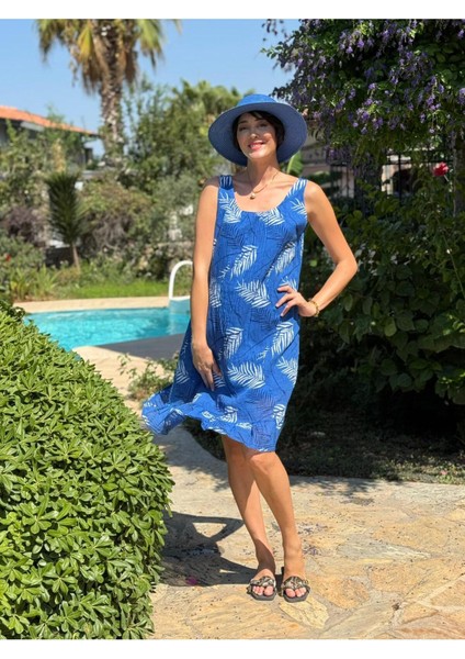 YG205070 Italyan Yaprak Desen Coton Elbise Saks