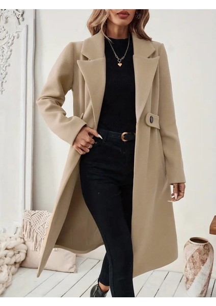 Kadın Uzun Kollu Yakalı Belde Şerit Düğme Detaylı Cepli Mini Kaşe Kaban