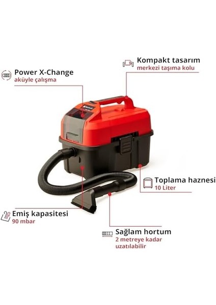 Akülü Islak/kuru Süpürge Te-Vc 18/10 Li-Solo Power X-Change (10 L Tank, 2 M Hortum, Dar Aralık/fırça Başlığı, Döşeme/genel Başlık Dahil, Akü Dahil Değildir) - 2347160 fiyatları
