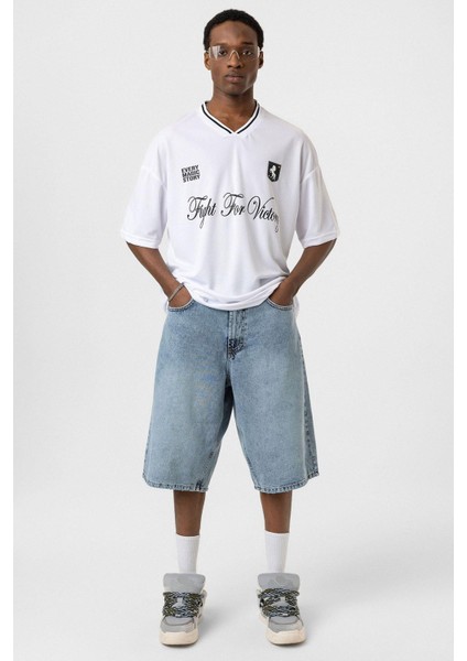 Baskılı Oversize Forma Tişört Beyaz