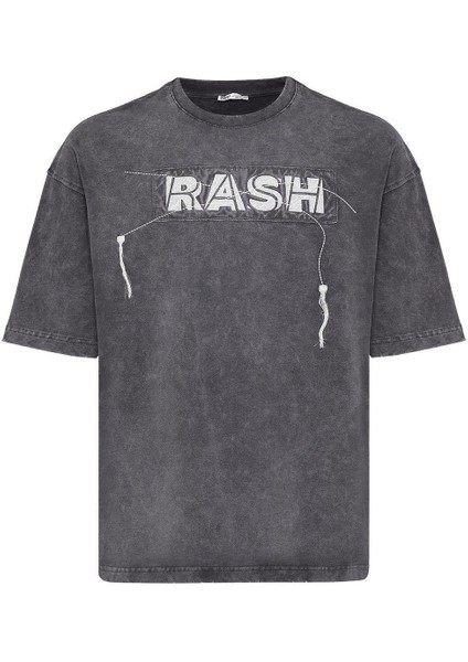 Yıkamalı Oversize Baskılı Tişört Füme