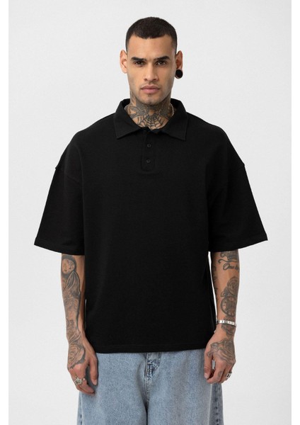 Basic Polo Yaka Oversize Tişört Siyah modelleri