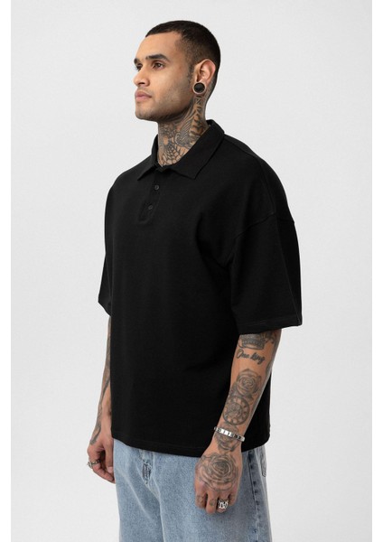 Basic Polo Yaka Oversize Tişört Siyah fırsatları