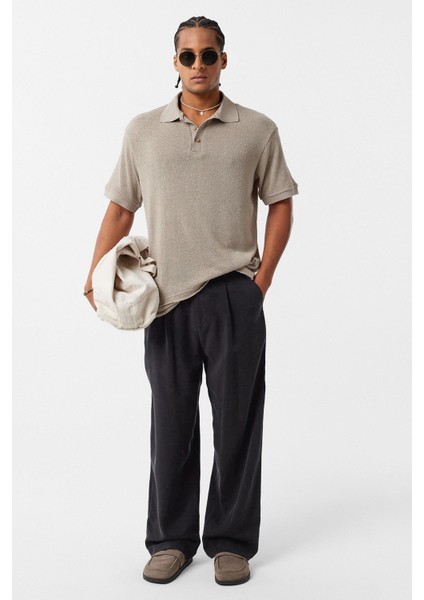 Polo Yaka Triko Oversize Tişört Taş