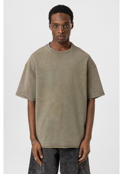 Yıkamalı Basic Oversize Tişört Haki modelleri