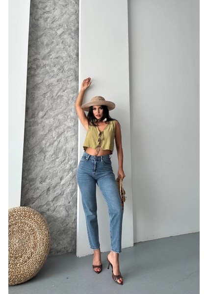 Mom Fit Bıyık Kar Yıkama Jeans Pantolon Koyu Mavi D2006