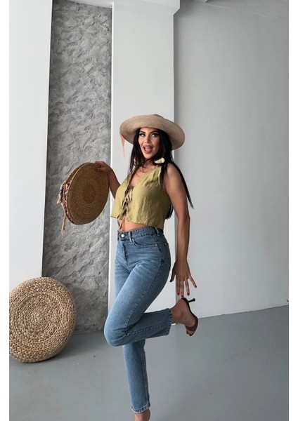 Mom Fit Bıyık Kar Yıkama Jeans Pantolon Koyu Mavi D2006 fiyatları