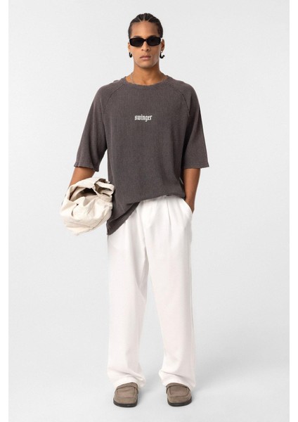 Yıkamalı Oversize Baskılı Triko Tişört Kahve