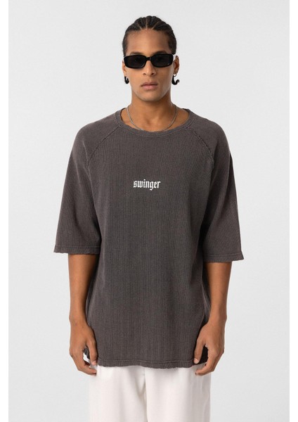 Yıkamalı Oversize Baskılı Triko Tişört Kahve modelleri