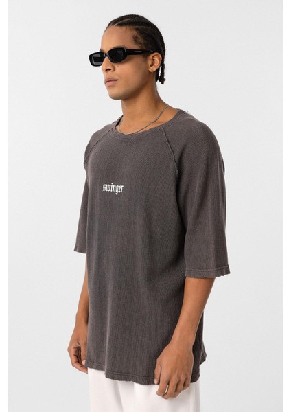 Yıkamalı Oversize Baskılı Triko Tişört Kahve fırsatları