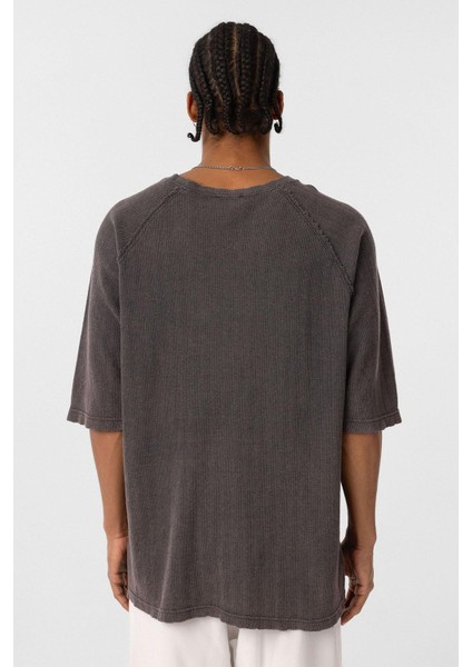 Yıkamalı Oversize Baskılı Triko Tişört Kahve indirimleri