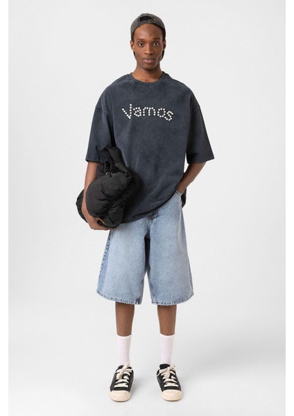 Yıkamalı Düğme Detaylı Oversize Tişört Siyah