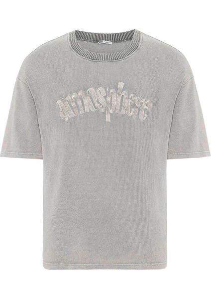 Yıkamalı Oversize Baskılı Tişört Taş