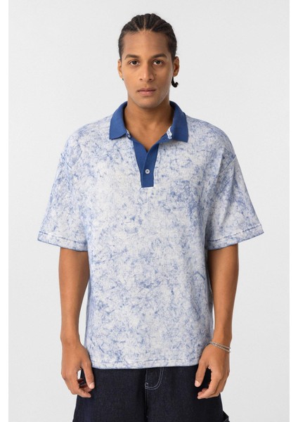 Yıkamalı Oversize Polo Yaka Tişört Indigo modelleri