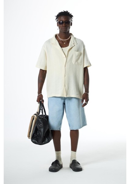 Oversize Kısa Kol Cepli Triko Gömlek Ekru