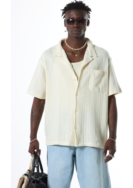 Oversize Kısa Kol Cepli Triko Gömlek Ekru fiyatları