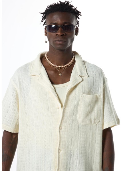 Oversize Kısa Kol Cepli Triko Gömlek Ekru modelleri