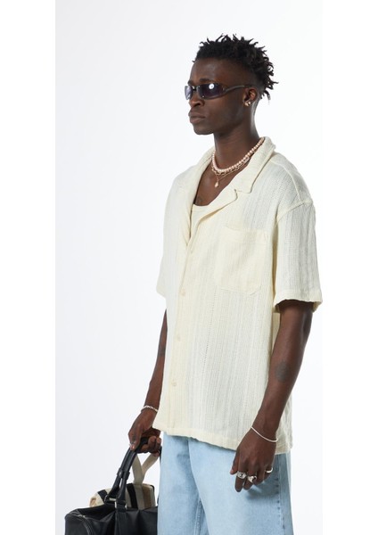 Oversize Kısa Kol Cepli Triko Gömlek Ekru indirimleri
