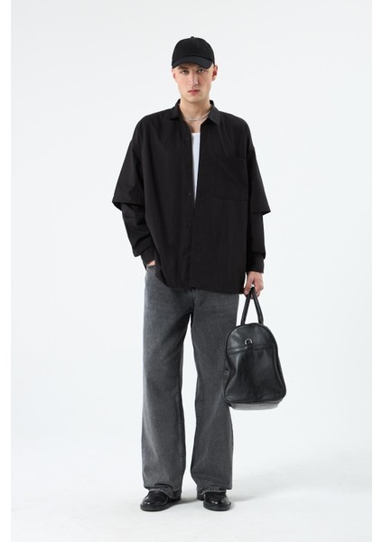 Oversize Çift Kol Detaylı Uzun Kol Gömlek Siyah