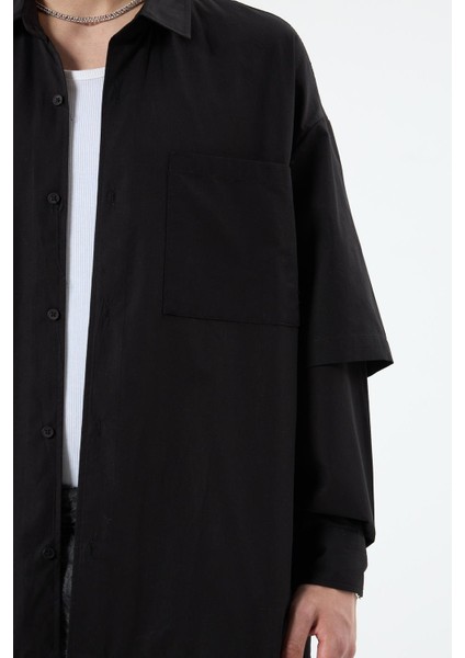 Oversize Çift Kol Detaylı Uzun Kol Gömlek Siyah fırsatları