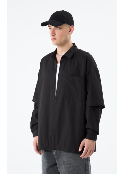 Oversize Çift Kol Detaylı Uzun Kol Gömlek Siyah indirimleri