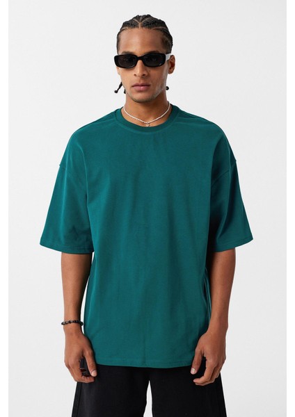 Basic Oversize Bisiklet Yaka Tişört Petrol modelleri