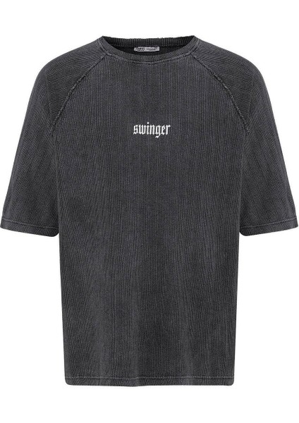 Yıkamalı Oversize Baskılı Triko Tişört Siyah