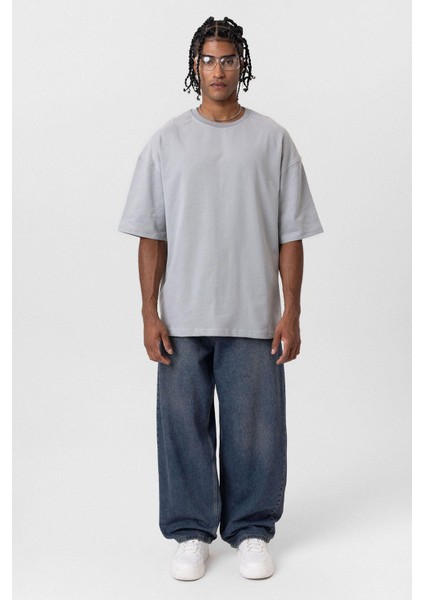 Basic Oversize Bisiklet Yaka Tişört Gri