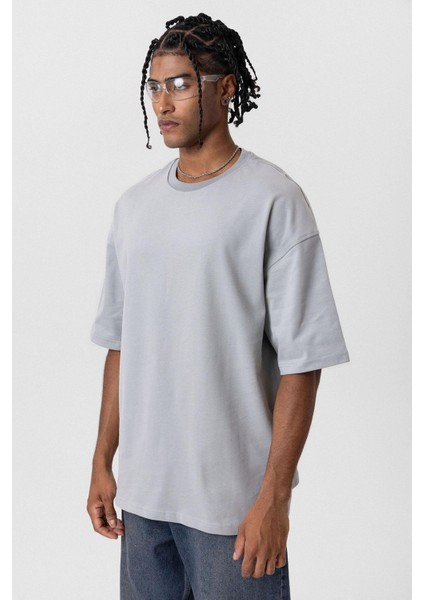 Basic Oversize Bisiklet Yaka Tişört Gri fırsatları